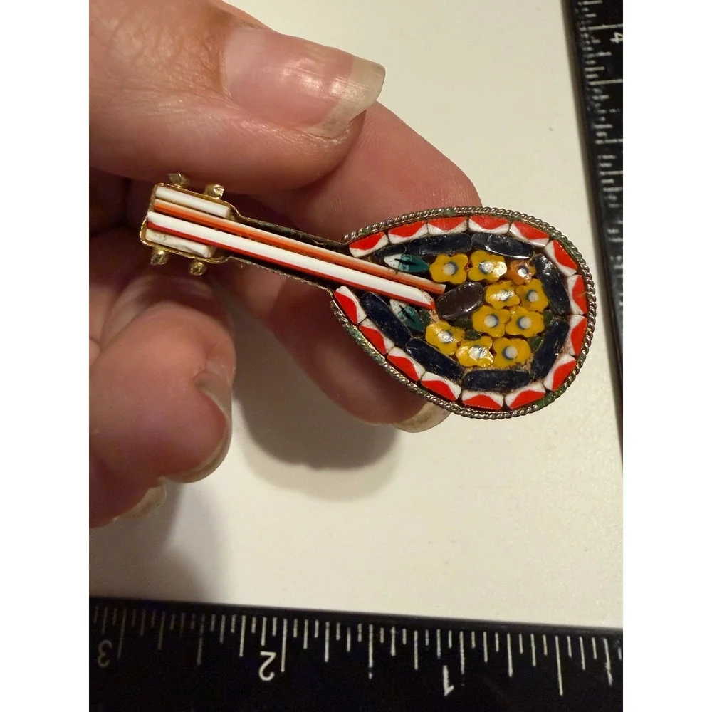 Vintage Italy Micro Mosaic Mandolin Brooch Lute Pin Floral Glass Gold Tone 1.5